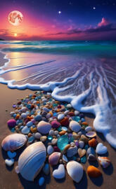 Beautiful, magical beach with a big moon and a small sun