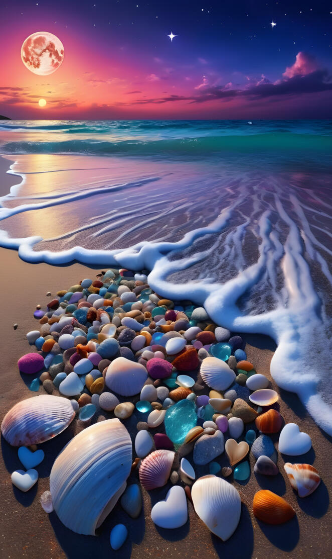 Beautiful, magical beach with a big moon and a small sun