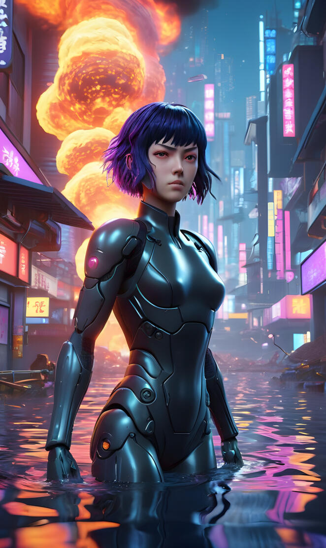 Ghost in the shell in a fire fight I'm the water of new Tokyo