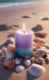 Lavender candle with sea shells by the ocean
