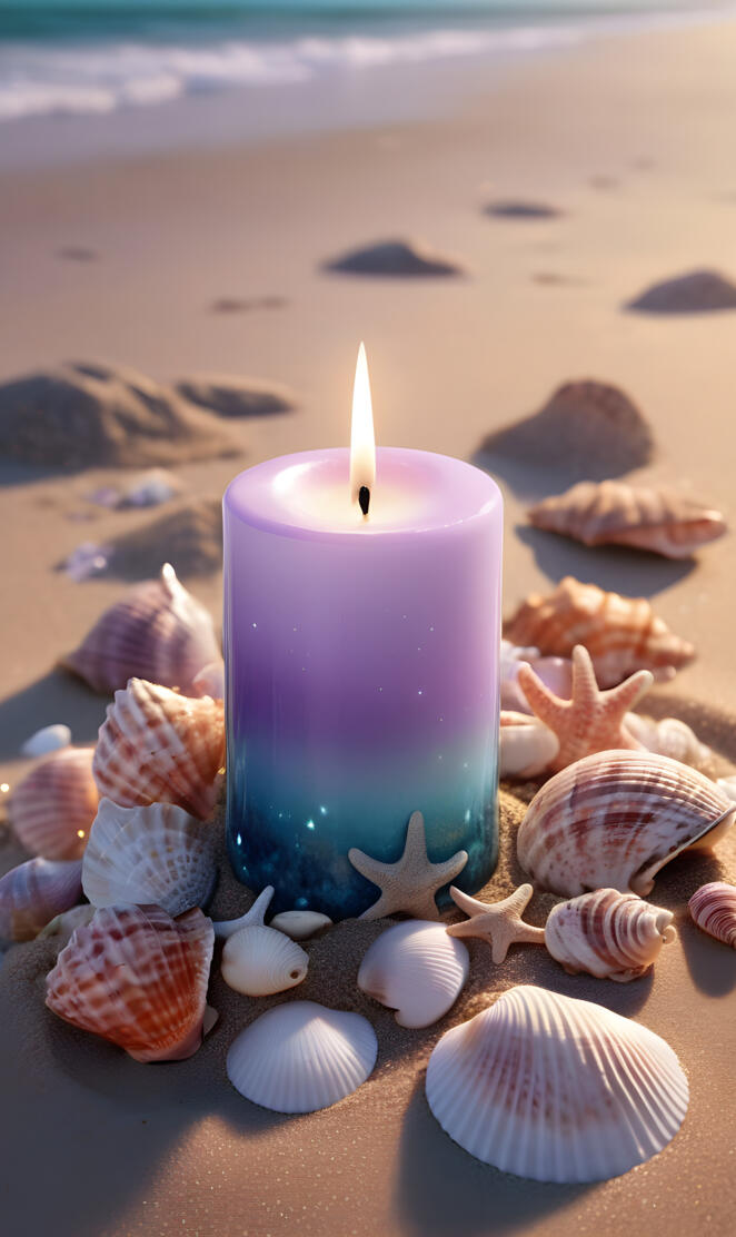 Lavender candle with sea shells by the ocean