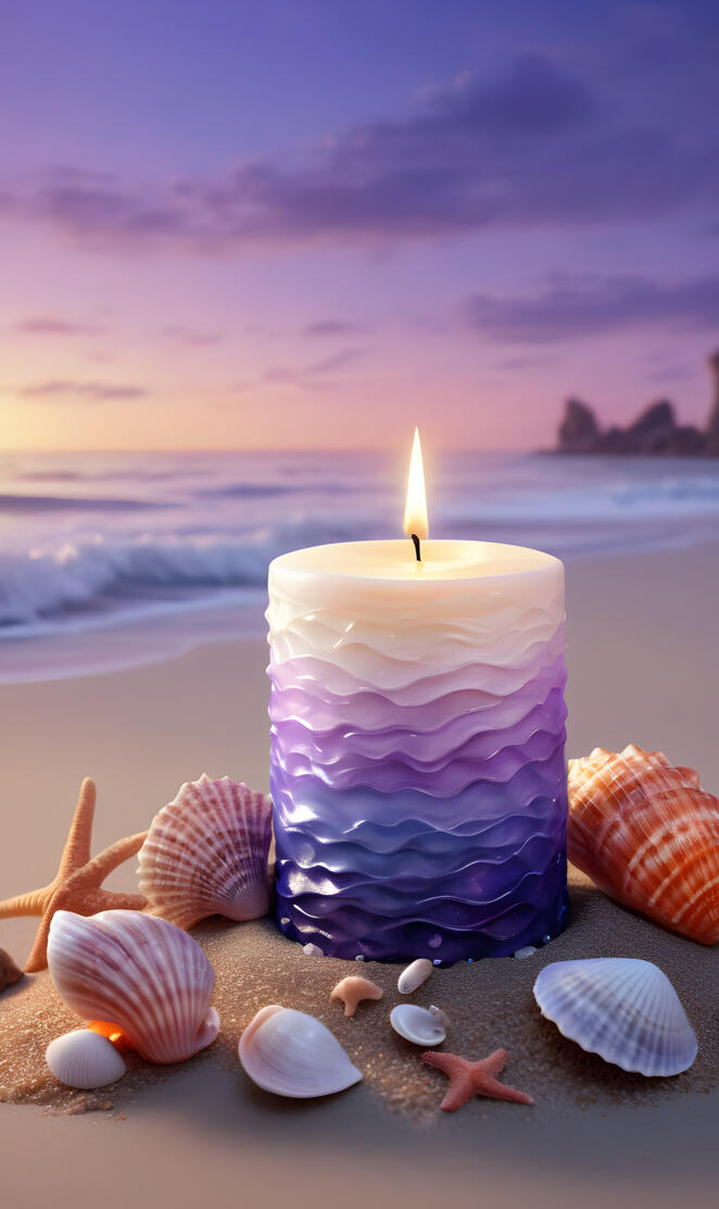 Lavender candle with sea shells by the ocean