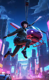 Ghost in a shell jumping with a parachute from a helicopterinNewtokyo