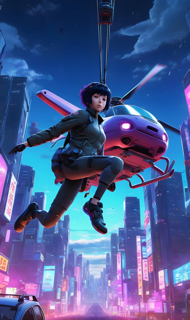 Ghost in a shell jumping with a parachute from a helicopterinNewtokyo