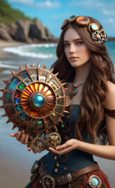 a woman holding a shield