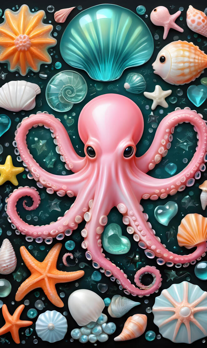 a pink octopus with many small fish
