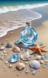 fancy glass bottle and shells on the beach