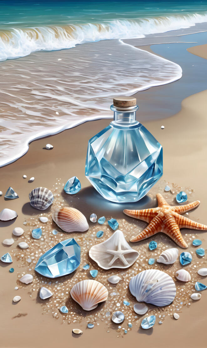fancy glass bottle and shells on the beach