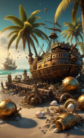 a group of pirate ships a beach