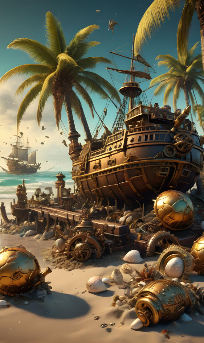 a group of pirate ships a beach