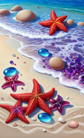 Beach scene with ruby starfish and flowers