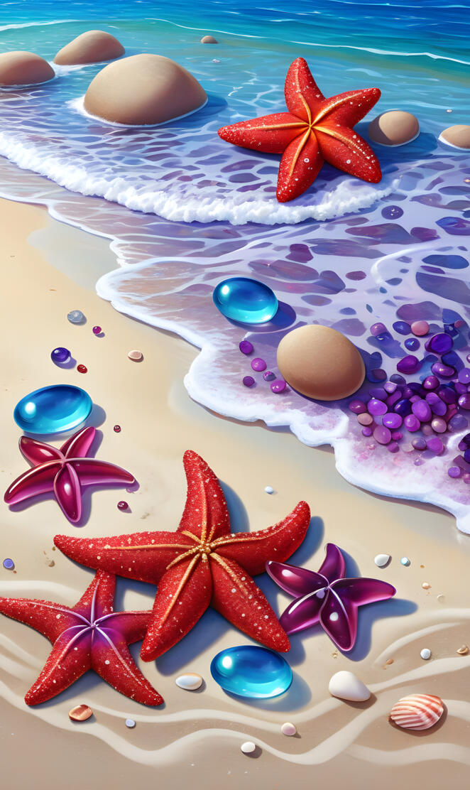 Beach scene with ruby starfish and flowers