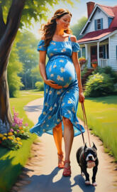 brunette pregnant woman walking her pit bull in the park