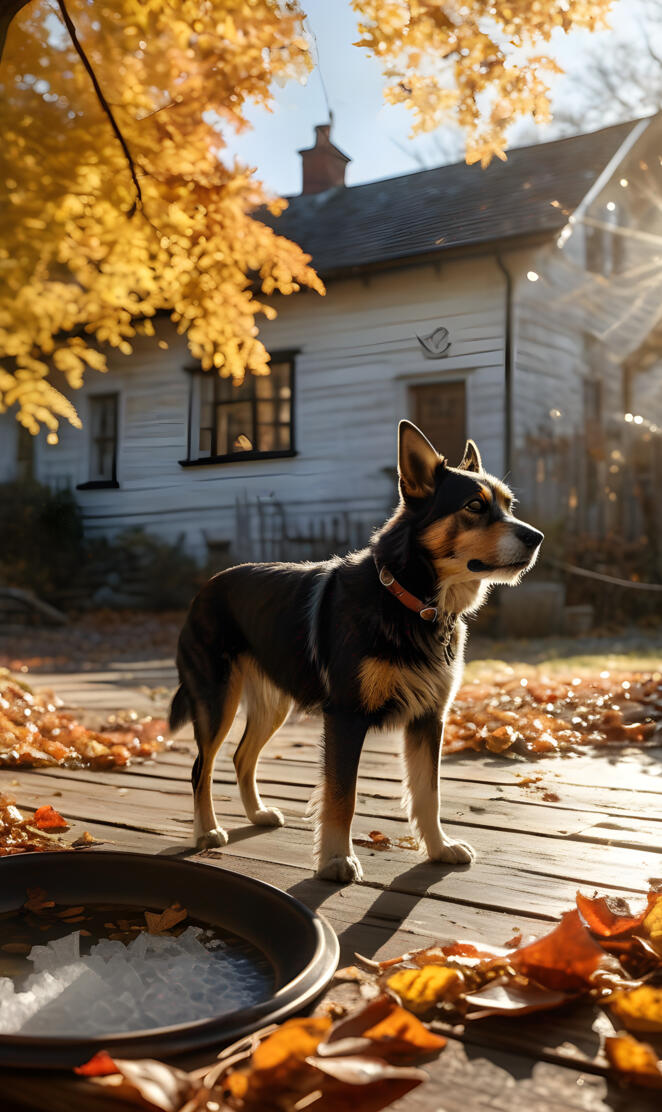 a dog standing on a fire pit