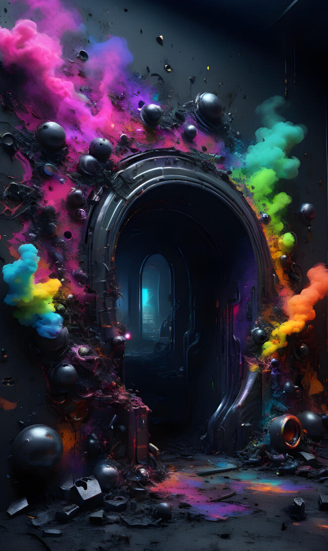 a room with a purple wall and a door with a window and balloons