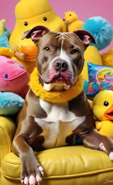 a dog sitting on a yellow chair
