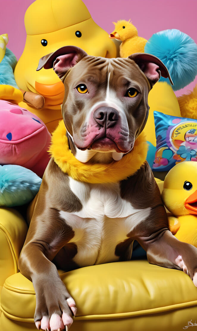 a dog sitting on a yellow chair