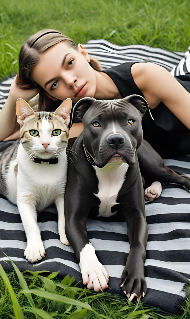 a person lying on a blanket with a cat and a dog