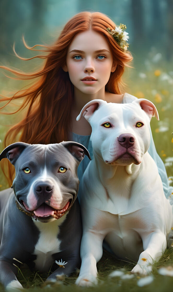 a person with red hair and two dogs