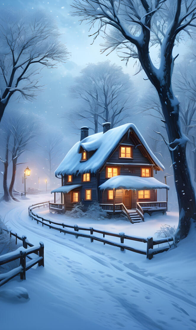 snowy cabin in the woods