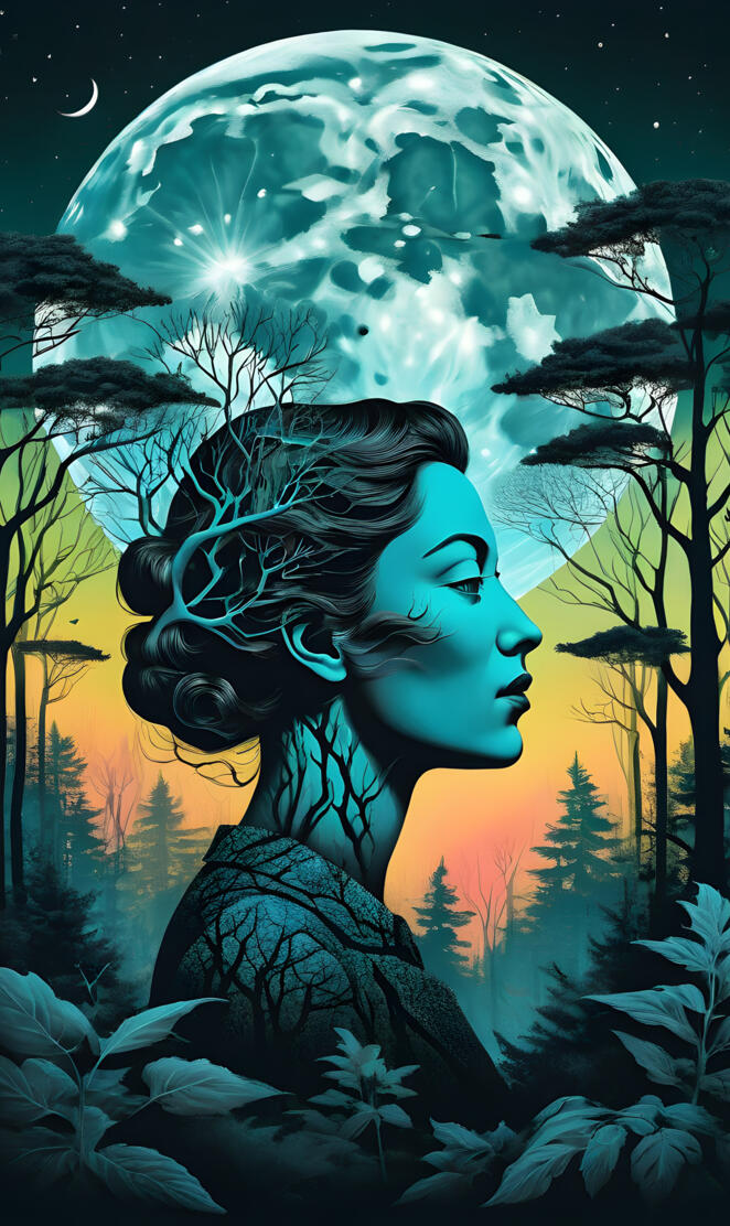 Surreal double exposure illustration, blending the vibrant nature of t