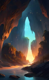 a large rock arch with a river below