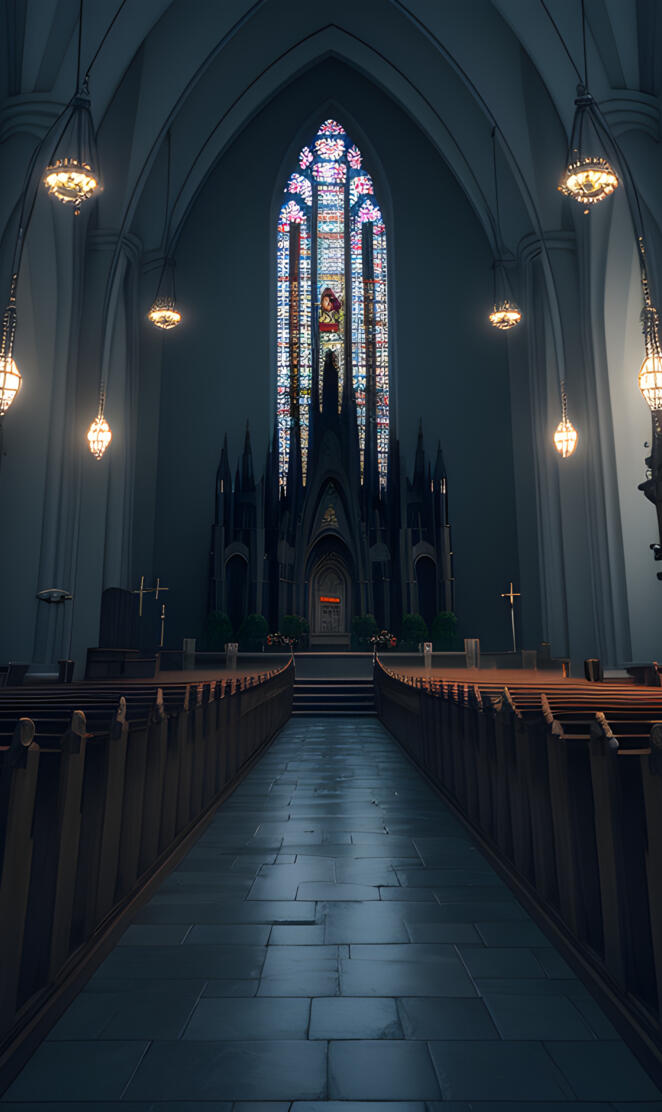 stained glass a large church with a large arched window