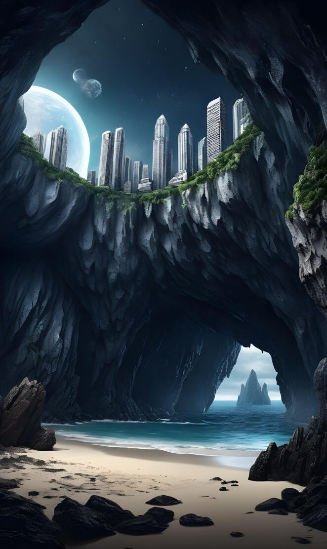 a large rock arch with a city in the background