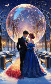 a man and woman kissing in front of a large colorful arch