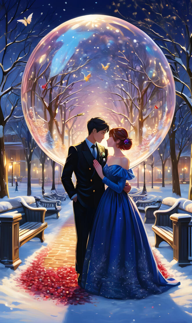 a man and woman kissing in front of a large colorful arch