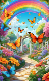 a garden with colorful flowers and butterflies