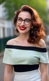 a woman with red hair and glasses in green dress