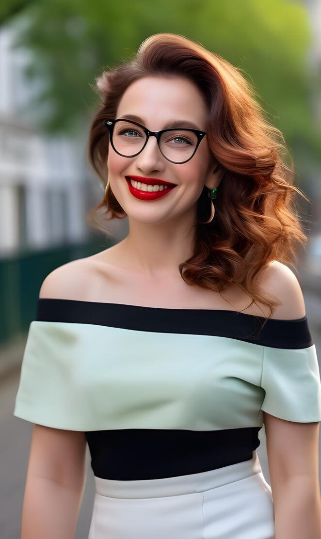 a woman with red hair and glasses in green dress