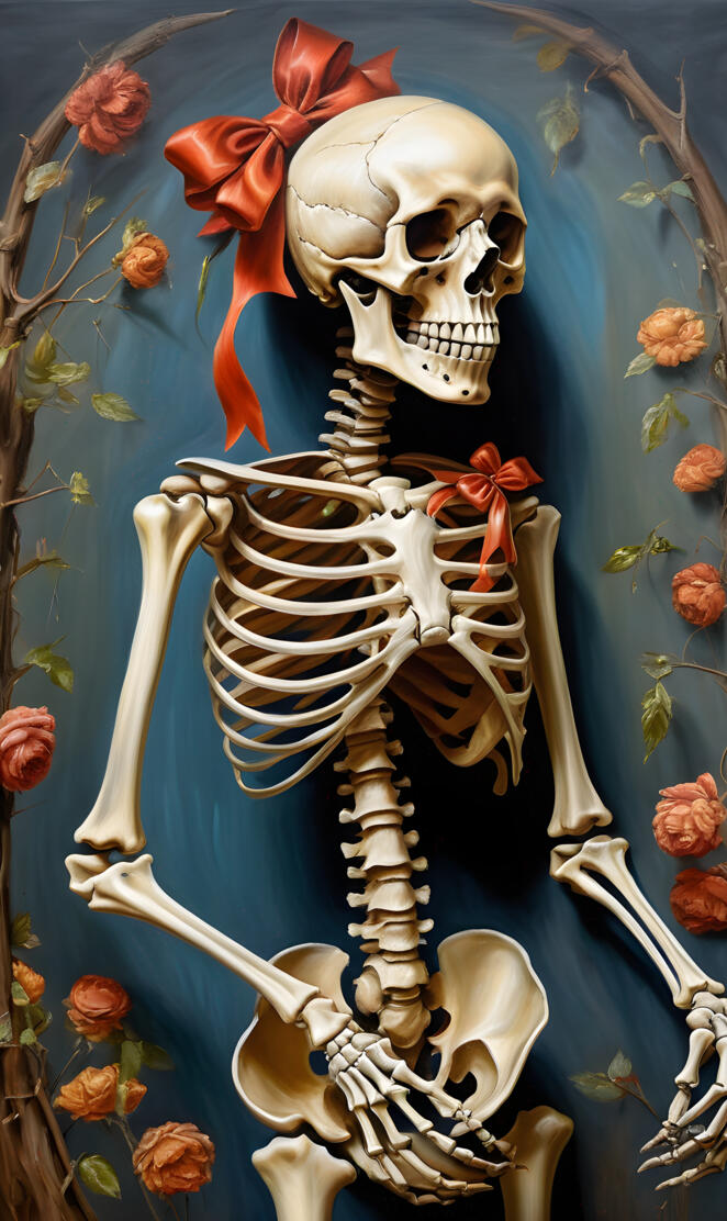 a skeleton with a red cape