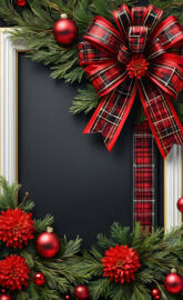 red black plaid bow, chrysanthemums, ornaments
