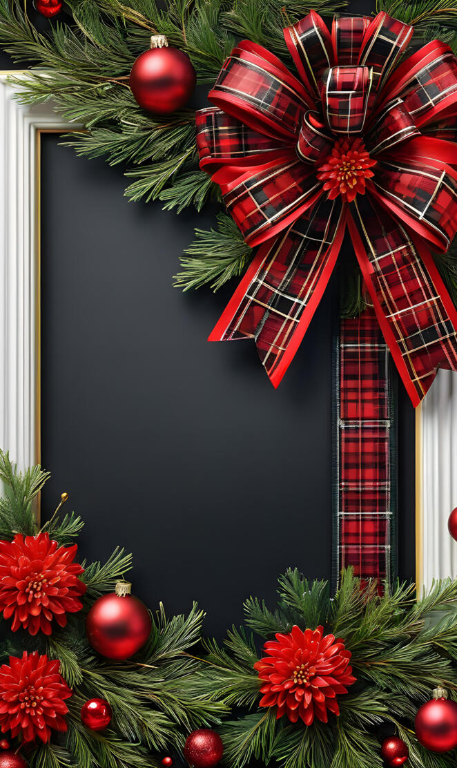 red black plaid bow, chrysanthemums, ornaments