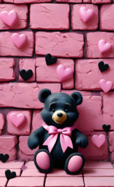 a stuffed bear on a brick wall