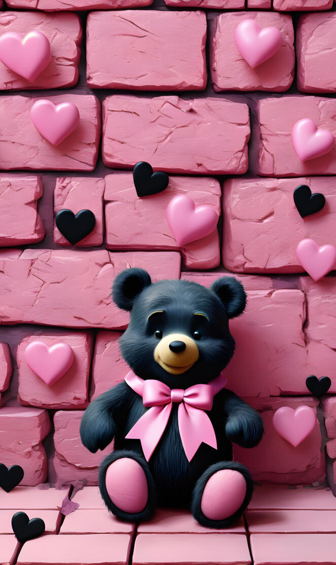 a stuffed bear on a brick wall