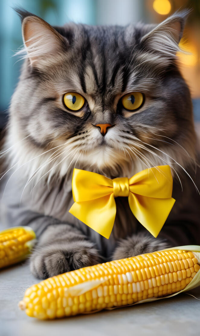a cat wearing a bow tie eating corn