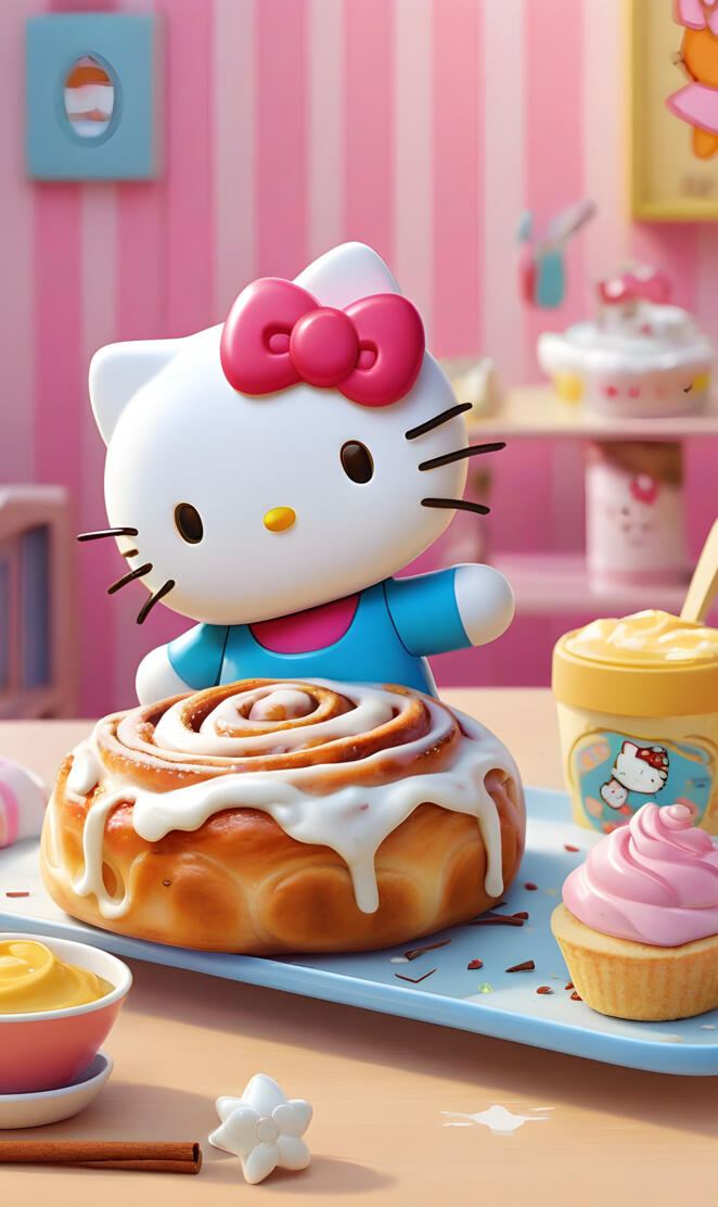 hello Kitty with a cinema roll bun 
🥐