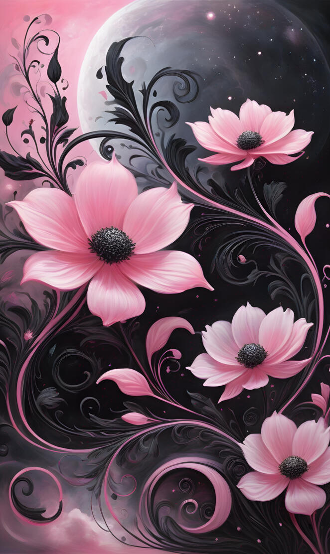 background flower pattern of pink and black flowers