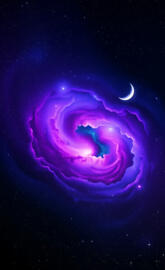 Cosmic Galaxy Swirl with Nebula and Crescent Moon