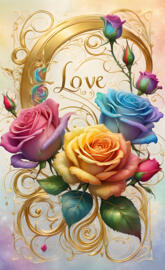 multi coloured roses,text Love