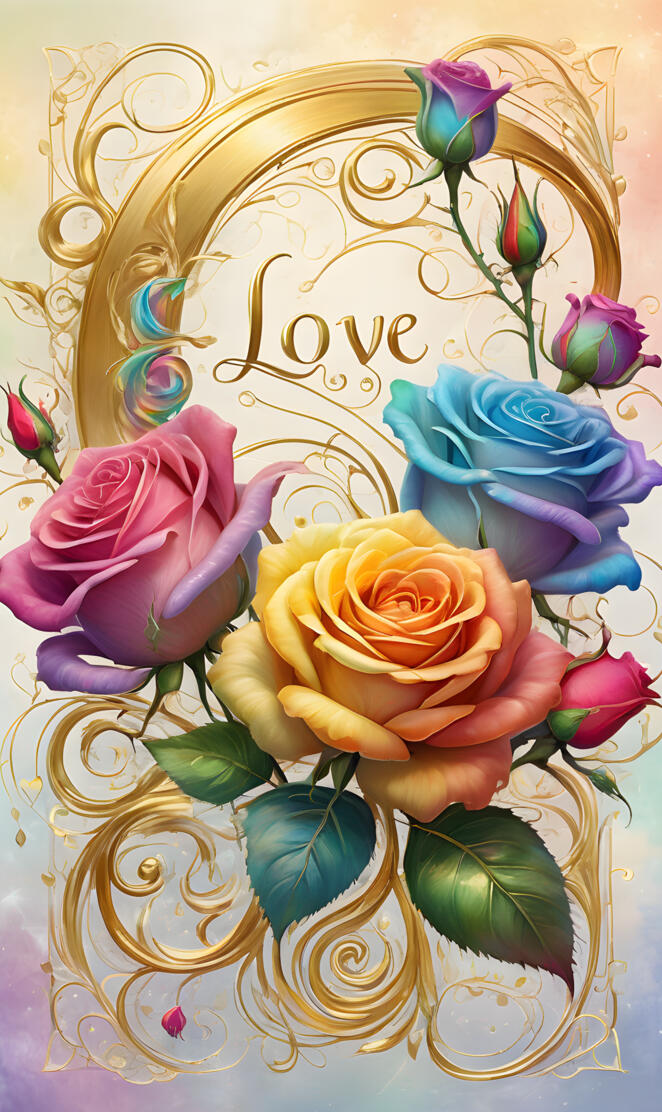 multi coloured roses,text Love