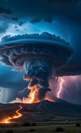 a volcano erupting at night