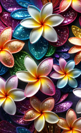 glittery plumeria flowers on blue background