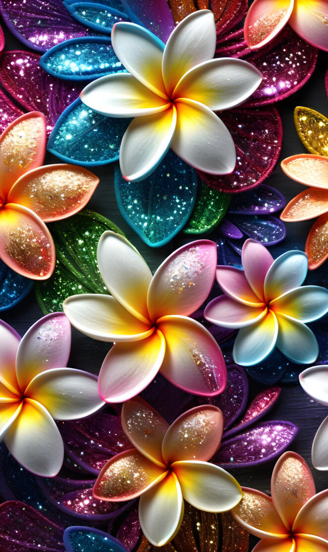 glittery plumeria flowers on blue background