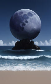 A large moon over a beach