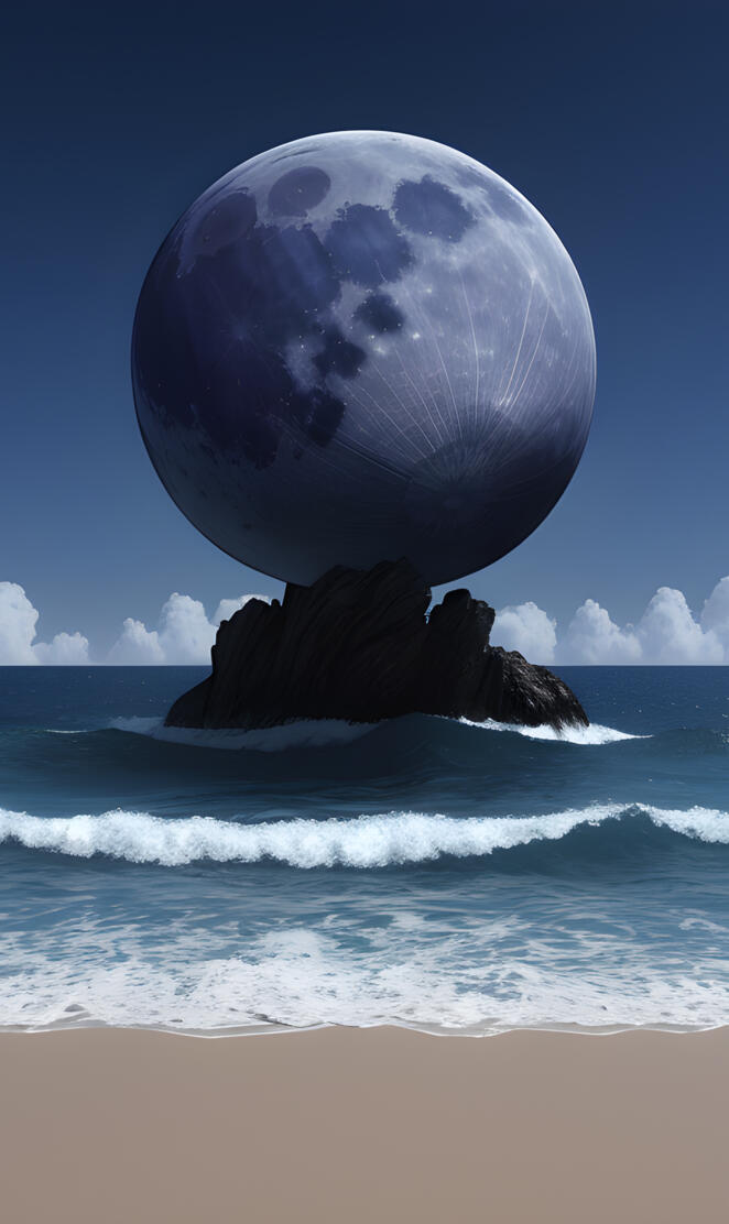 A large moon over a beach