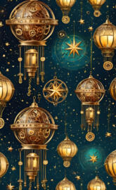 a wall with gold and blue lamps